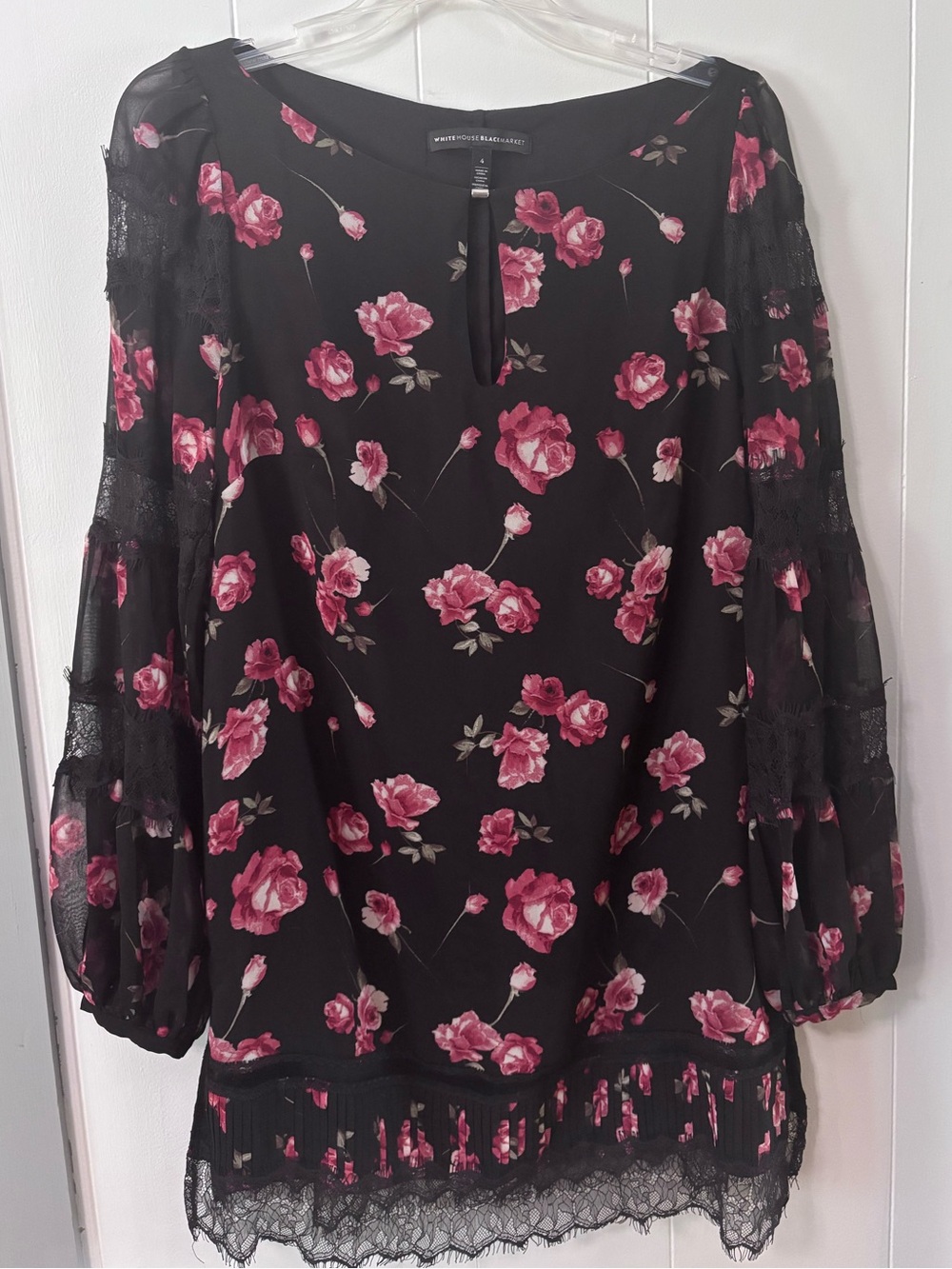 White House Black Market Romantic Floral Mini Dress Black w/ Roses & Lace Sz 4